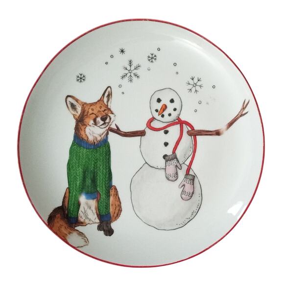 West Elm Rachel Kozlowski Dapper Animal Winter Fox Snowman Plate Salad Dessert - Picture 1 of 8